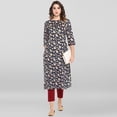 thumbnail image 3 of Janasya Indian Round Neck 3/4 Sleeve Floral Print Blue Cotton Kurta With Pant For Women, 3 of 10