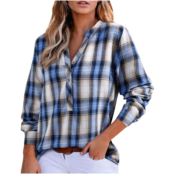 HongQid Womens Button Down Shirts Long Sleeve Plaid Blouses Lightweight Business Dressy Casual Tops