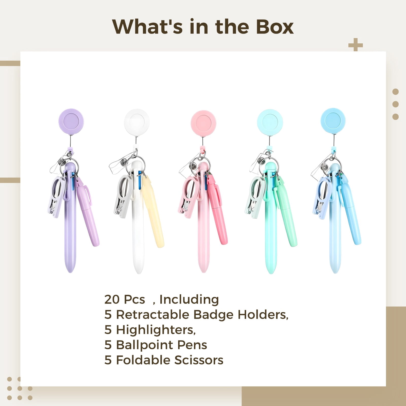 20 Pcs Mini Nurse Pen Set, Nurse Badge Reel Set with Pens & Scissors, Including 5 Retractable Badge Holders, 5 Highlighters, 5 Ballpoint Pens & 5 Foldable Scissors