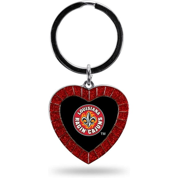 Louisiana Lafayette Ragin' Cajuns Keychain Rhinestone Heart Colored, Red, 3-inches in length