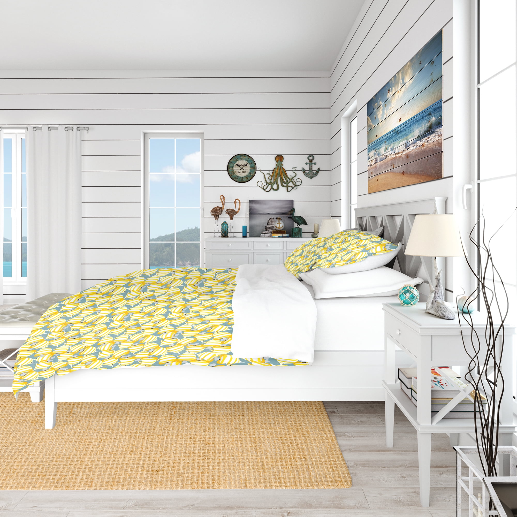 Designart 'Yellow Fishes Pattern' Nautical & Coastal Duvet Cover Set