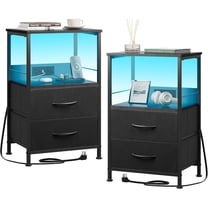 CZMDZH Night Stand Set of 2 with Charger Station, Black Nightstand Sets with 2 Fabric Drawers and Storage Shelf, LED Bedside Table, Bedroom Small End Tables with 3 USB Ports and 2 AC Outlets