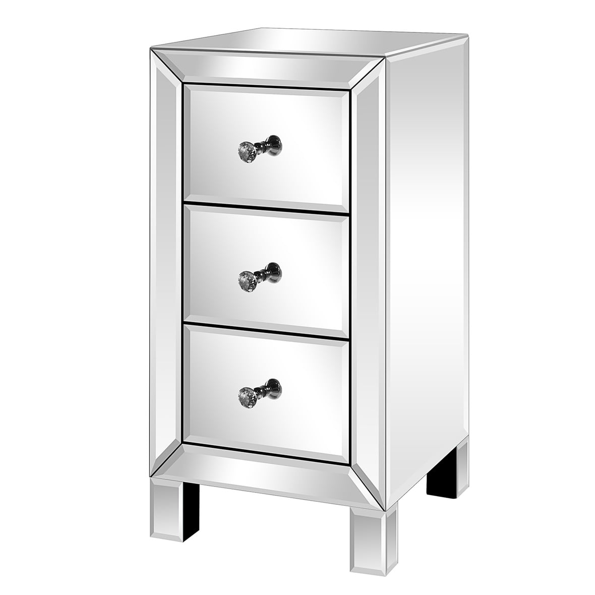 3-Drawer Mirrored Bedside Table MDF Cabinet with Mirrored Drawers, Silver
