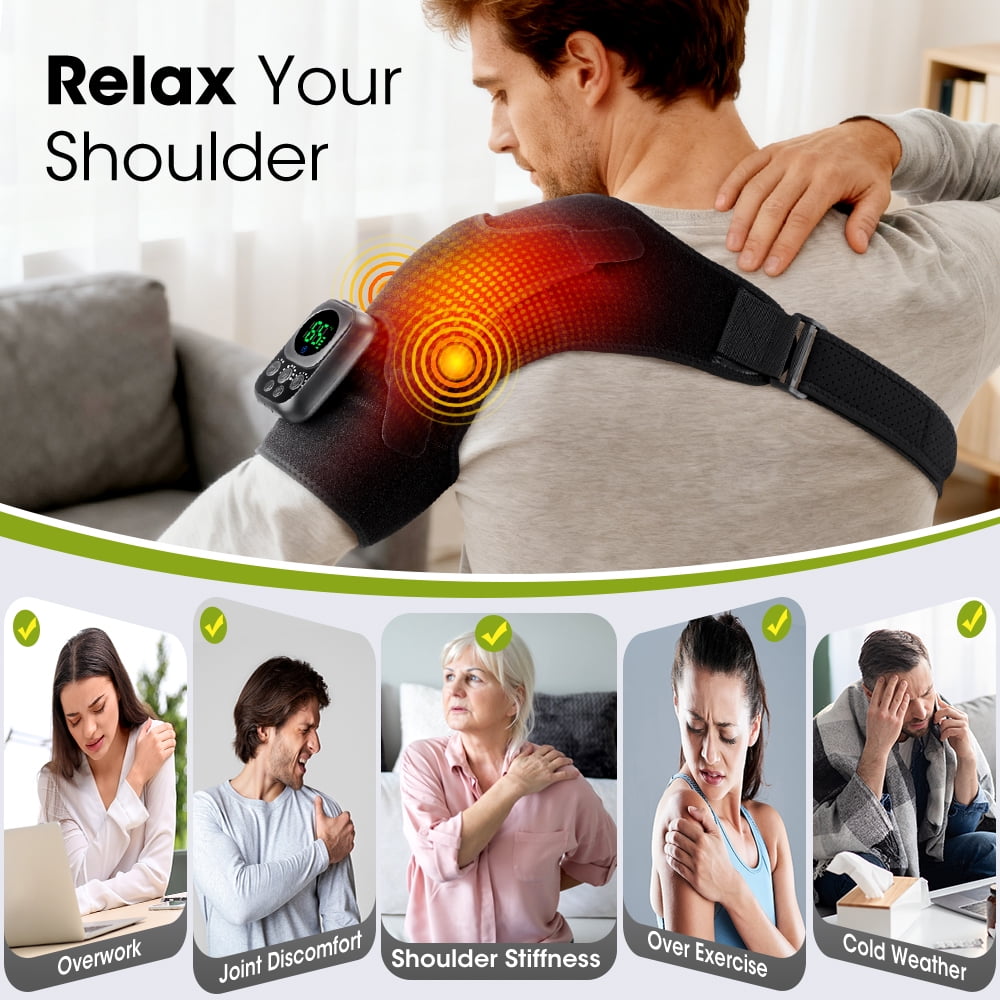 Heated Shoulder Brace, 6 Heat Settings Heating Pad for Shoulder, 5000mAh Battery Powered and Mobile App Remote Control, Heated Shoulder Wrap with Vibration for Women Men
