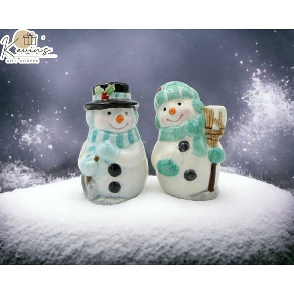 Ceramic Snowman Salt and Pepper Shakers Blue Green