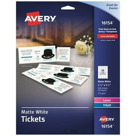 Avery-1PK Printable Tickets W/Tear-Away Stubs, 97 Bright, 65 Lb Cover Weight, 8.5 X 11, White, 10 Tickets/Shee