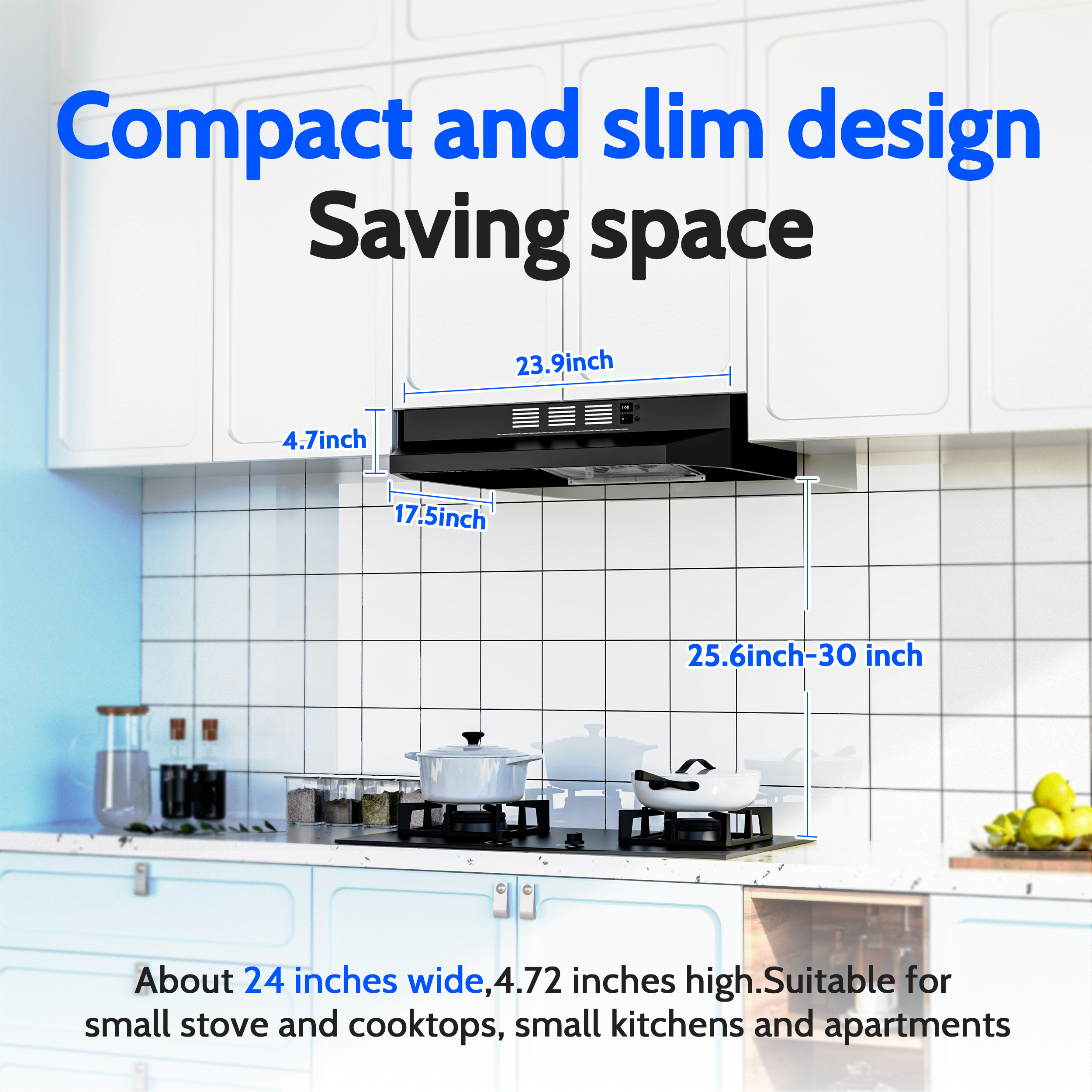 FIREGAS Black Range Hood 24 inch Under Cabinet Range Hood with 2 Speed Exhaust Fan,Ducted/Ductless Convertible,Rocker Button Control,300 CFM,Aluminum Filter