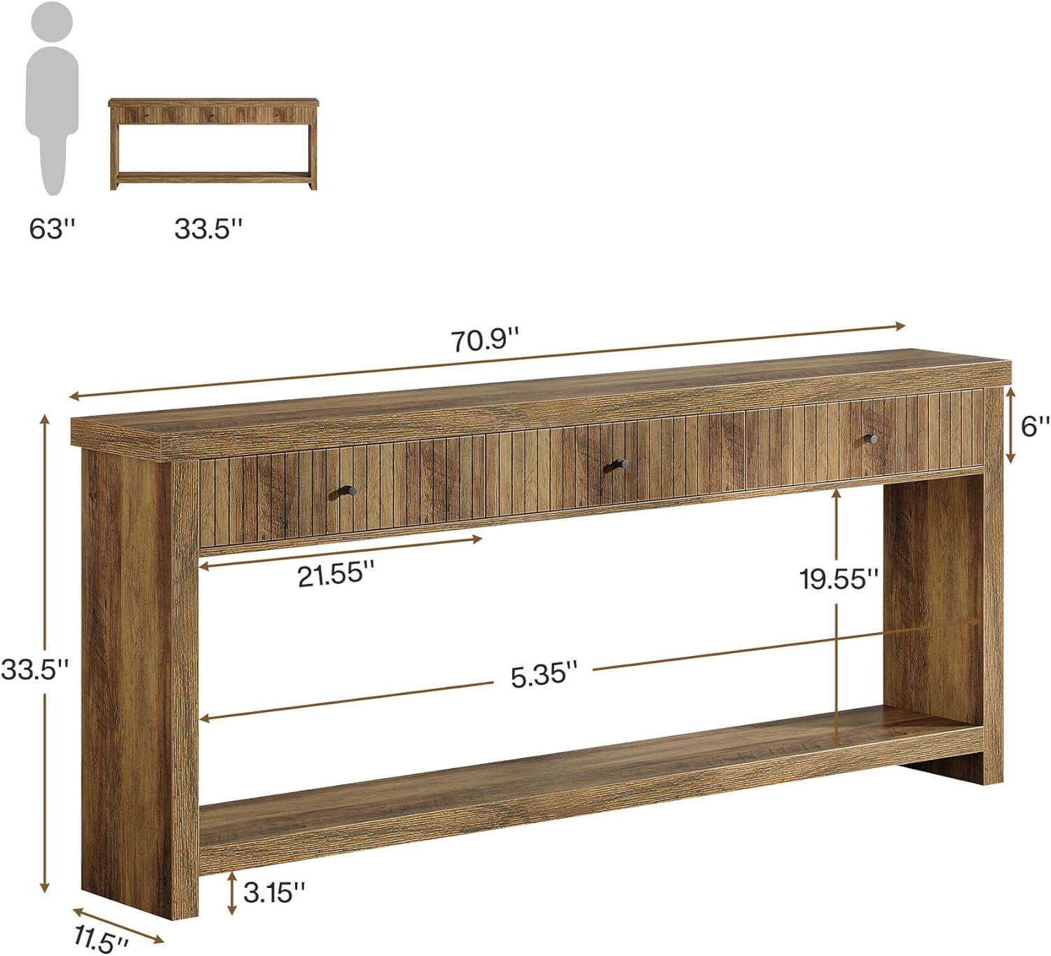 Finmind 3 Drawers Wood Console Table, 70.9 inch Entryway Table Oak Hallway Table with Open Storage Shelves for Living Room Hall Entrance, Brown