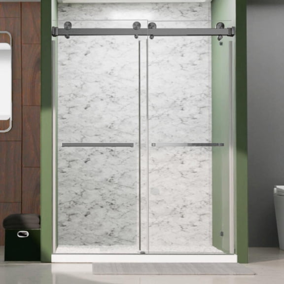 Royal 61 to 65 in. x 66 in. H Frameless Double Sliding Shower Door with Two Towel Bars in Space Gray and 3/8 in. (10mm) Clear Glass