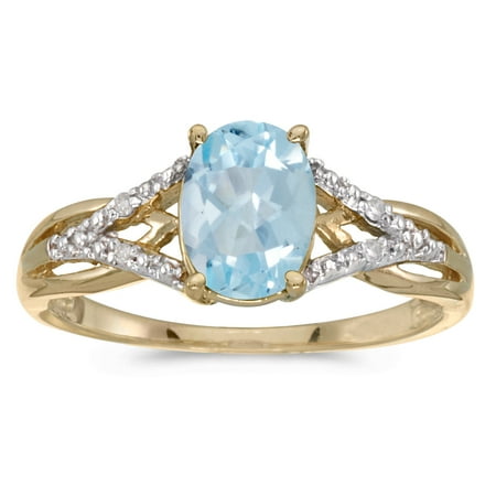 - 14k Yellow Gold Oval Aquamarine And Diamond Ring