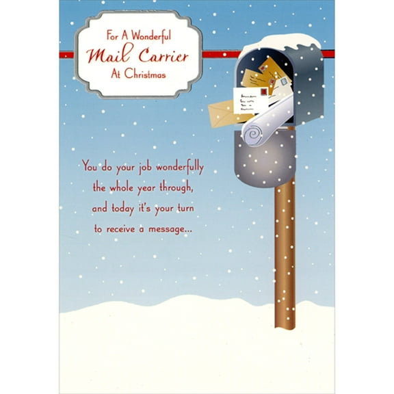 Designer Greetings Snow Covered Full Mailbox Against Blue Sky Christmas Card for Mail Carrier