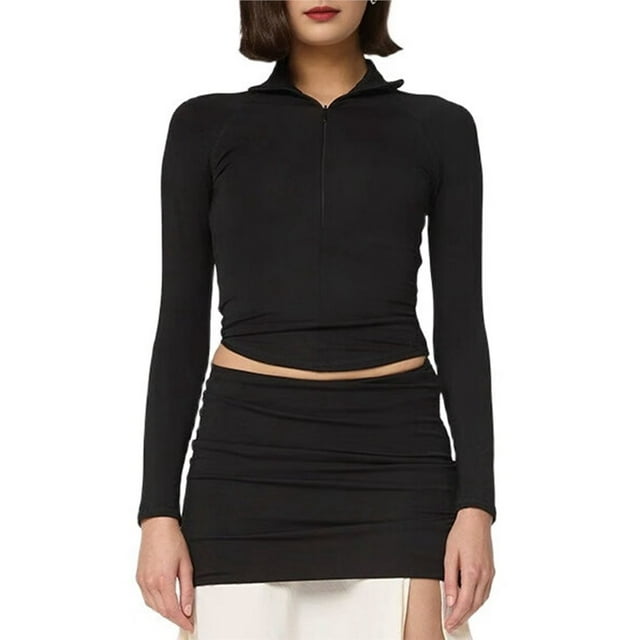 Sudadera Deportiva de Cuello Alto con Cremallera de un Cuarto para Mujer Negro S