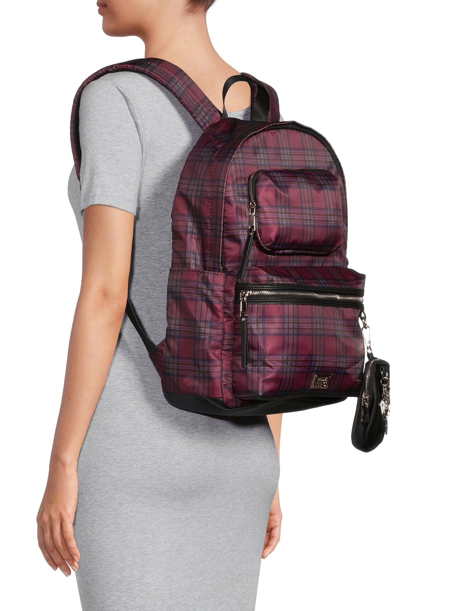 Madden NYC Girls Modular Zipper Backpack Burgundy Plaid