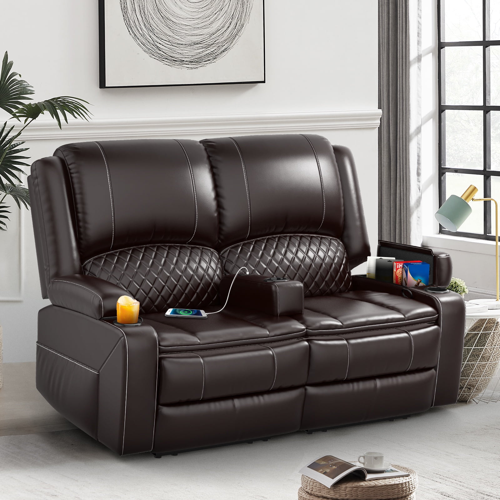 Loberfve Loveseat Recliner Sofa, Manual Recliner Chair with Removable Armrest, 2-Tier Cushions, USB Charging Ports, Cup Holders, Faux Leather Reclining Loveseat for Adults, Brown