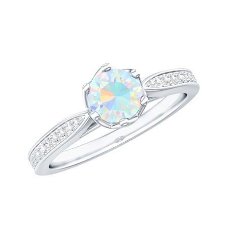Rosec Jewels Ethiopian Opal Solitaire Ring with Diamond Accent, Rainbow Ethiopian Opal Ring for Women, 925 Sterling Silver, US 4.00