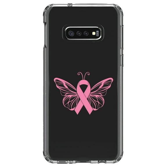 DistinctInk Clear Shockproof Hybrid Case for Samsung Galaxy S10e (5.8" Screen) - TPU Bumper Acrylic Back Tempered Glass Screen Protector - Pink Ribbon Cancer - Butterfly
