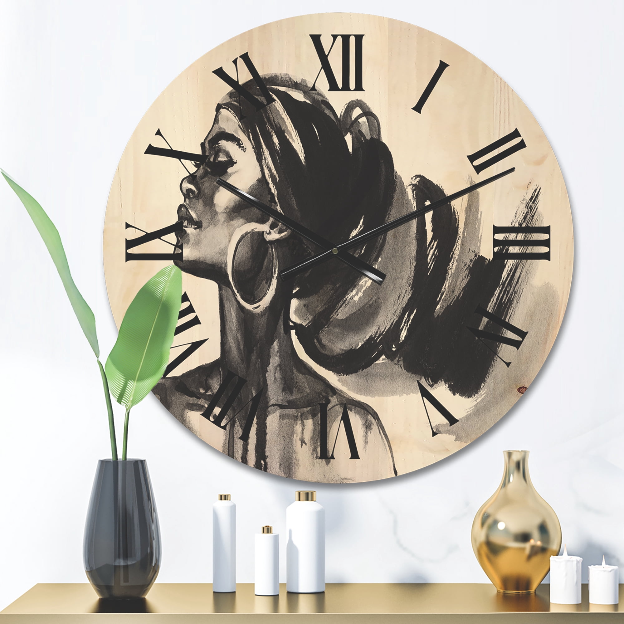 Designart 'Black and White Portrait of African American Woman IV' Modern Wood Wall Clock