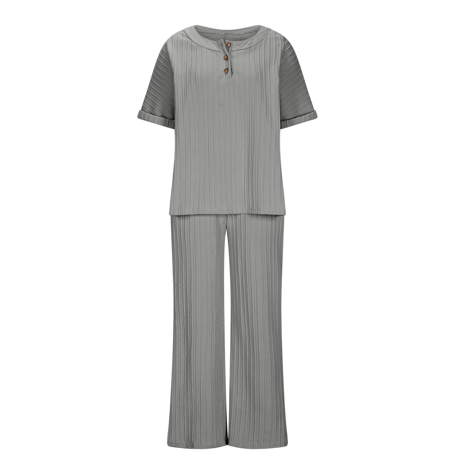 Pj Sets for Woman Beach Outfits for Women Women's Solid Color Round Neck Short Sleeve Tops And Pants Sets With Pockets