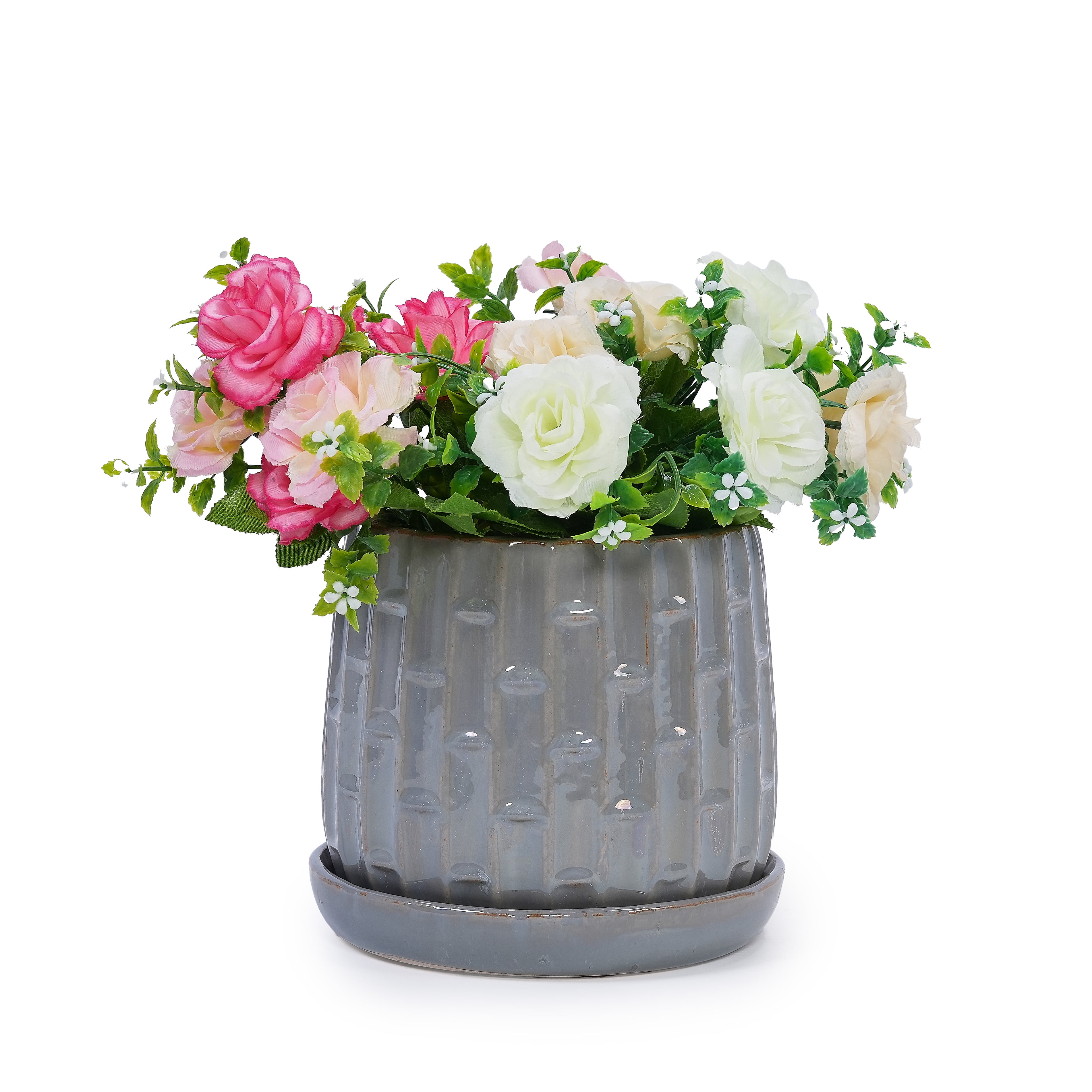 mdj pottery Ceramic Plant Pots, 7 + 5 Inch, Set of 2 Flower Pots with Drain Hole and Saucer, Bamboo Pattern Planter for Plants Orchids Succulents Indoor/Outdoor, Plant Gifts - Grey