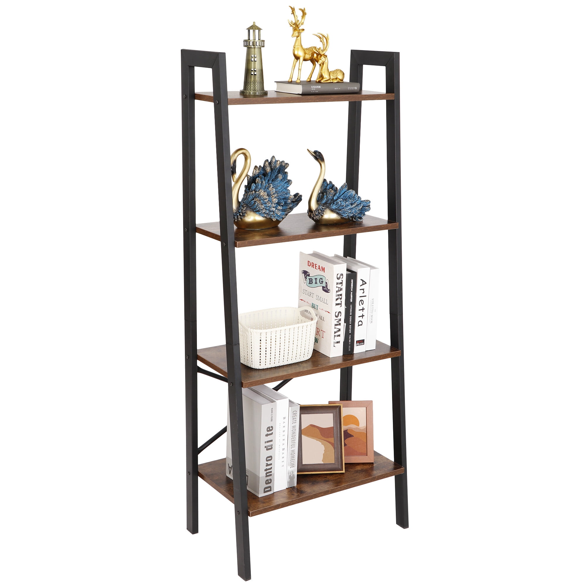 HomGarden Modern Wooden Bookshelf 4-Tier Ladder Bookcase Storage Rack Accent Furniture Rustic Brown