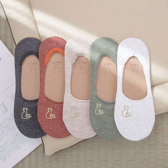 Dress Choice 5 Pairs Womens No Show Thin Socks Cotton Nylon Low Cut Liner Non Slip hidden Invisible Socks for Flats Boat Sneaker with Cat patten