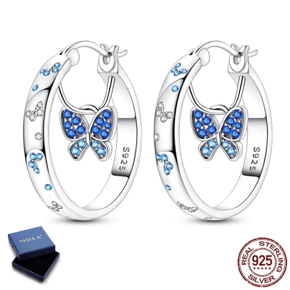 MULA 26mm 925 Sterling Silver Butterfly Hoop Earrings for Women, Hypoallergenic Sparkling Pave AAA CZ Jewelry Dainty Gift with Box