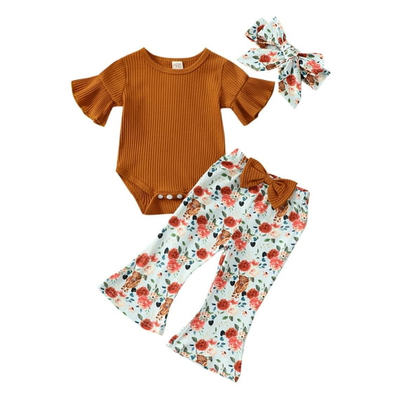 TSEXIEFOOFU Baby Girls Pants Set, Short Sleeve Romper with Bowknot Flare Pants and Headband Summer Outfit