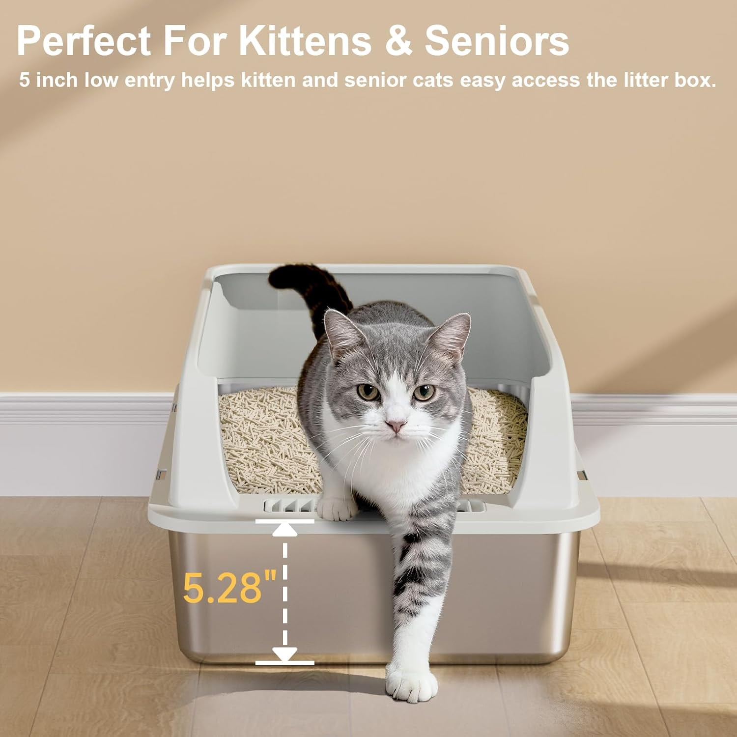 TENTIZON Large Stainless Steel Cat Litter Box, Open Top Metal Kitty Litter Tray with High Sides, Litter Mat, Scoop for Indoor Cats, Kitten,Big Cats, No Odor, No Mess, Leak Proof, Easy Clean