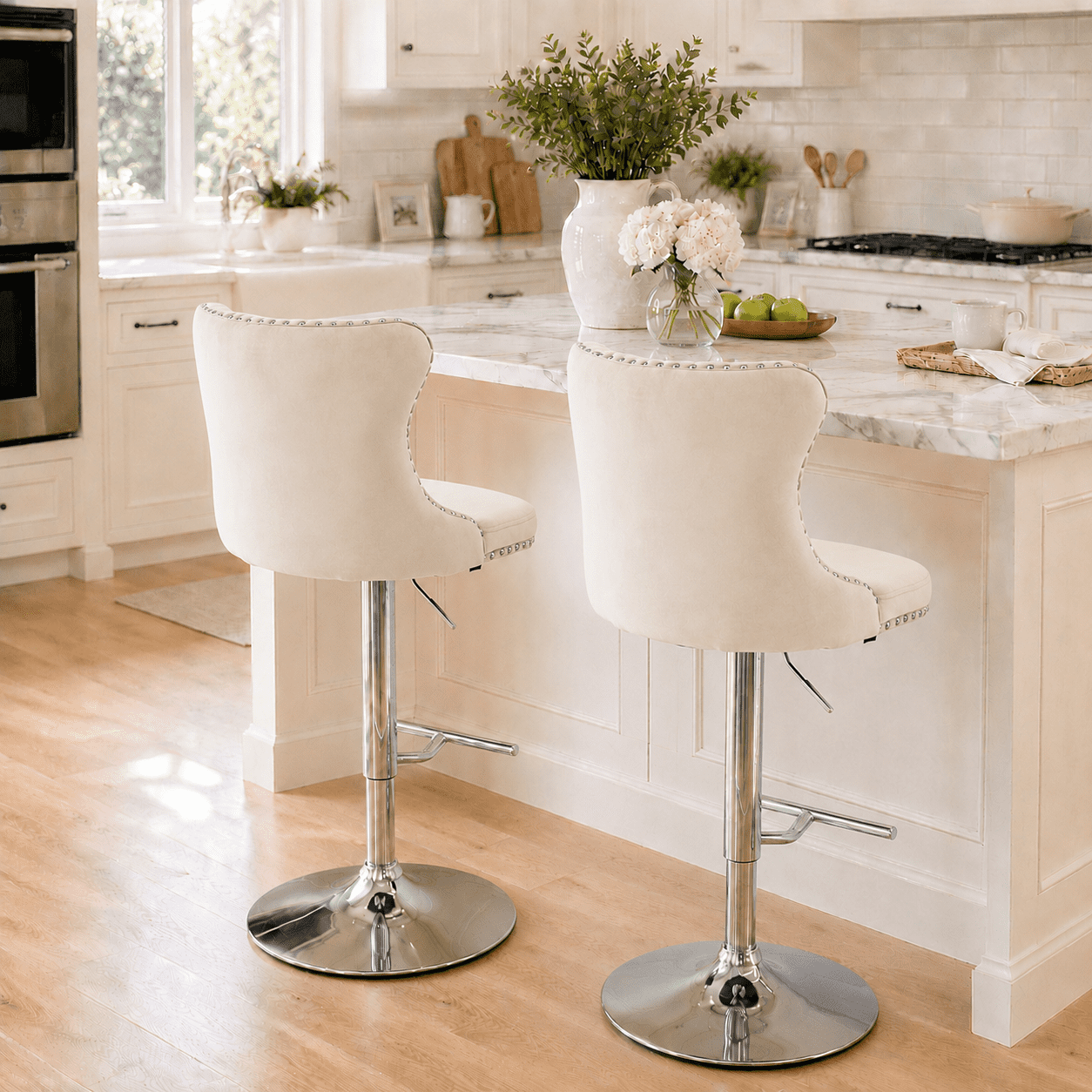 Bar Stools with Back Set of 2, PAPROOS Swivel 25-33''Adjustable Bar Stools Set, Velvet Upholstered Counter & Bar Height Bar Stools with Button Tufted & Nail Trim for Kitchen Island, Beige & Silver