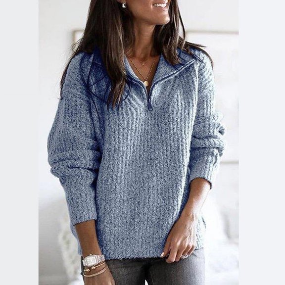 Womens Solid Color Zipper Pullover Long Sleeve Warm Sweater Top
