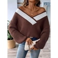 thumbnail image 4 of Womens Sweaters Long Sleeve - Knit Pullover Tops Contrast Color Stitching V-Neck Pullover Sweater Coffee L, 4 of 7