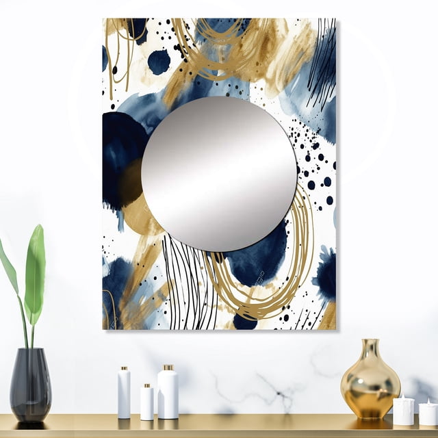 Designart "Abstract Pattern with Blue and Golden Textures IV" Abstract Mirror Wall Decor - Modern Blue Abstract Mirror Wall Art For Bathroom - 32" x 24" Inch