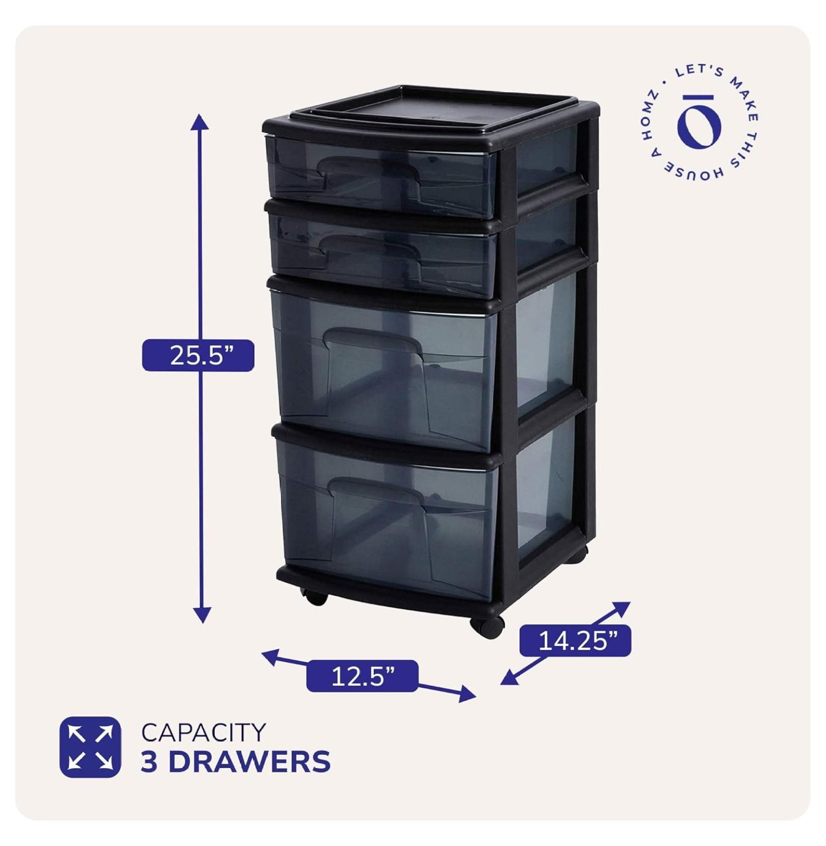 Drawer Tower, 4 Tier Plastic Storage Cart with Wheels - Black Organizer for Bathroom, Bedroom, Office - Rolling Drawer Unit for Clothes, Toys, Supplies
