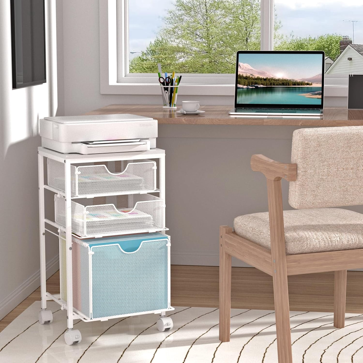 Rolling File Cart with 3 Storage Drawers, Under Desk Hanging File Folder Organizer Cart for Home Office, 11.81"D x 14.8"W x 25.39"H, White