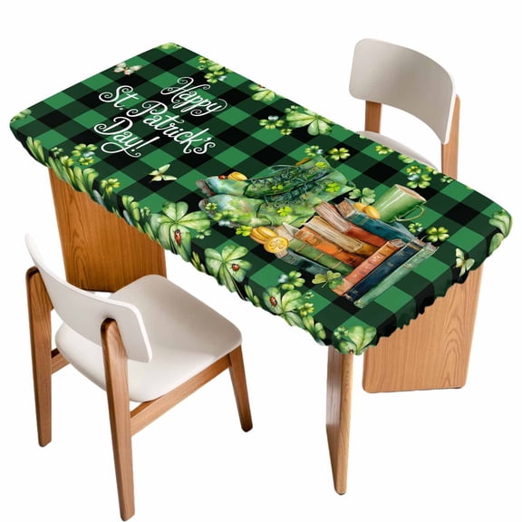 St. Patrick's Day Table Cloths for 3 Foot Rectangle Tables, Shamrocks Green Boots Bools Farm Plaid Patio Waterproof Elastic Fitted Tablecloths, Washable Rectangular Table Cover for Camping