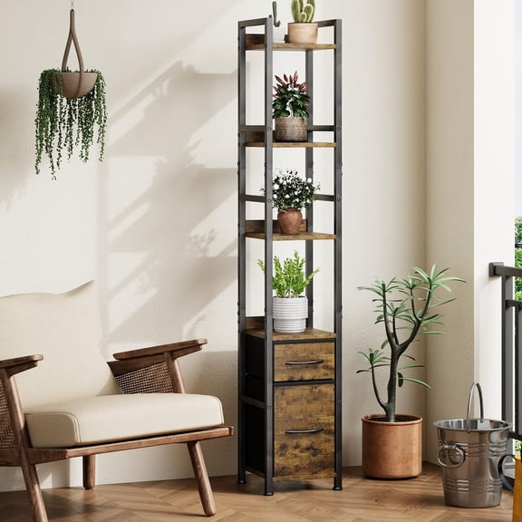 6-Tier Industrial Bookshelf Space-Saving Tall Narrow Storage Shelf with 2 Fabric Drawers Metal Wood Freestanding Display Organizer for Bedroom Living Room Office