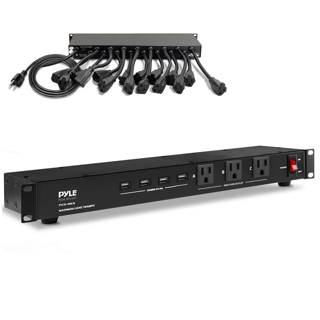 Pyle 19 Outlet 1U Rackmount Power Distribution Unit - Surge Protector - 15 Amp Circuit Breaker - 4 USB Ports - 15FT Cord - Power Supply for Servers,