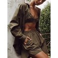 thumbnail image 5 of Women'S 3 Piece Outfits Set Spaghetti Strap Tank Top Long Sleeve Cover Up Blouse Casual High Waist Shorts Green S, 5 of 10