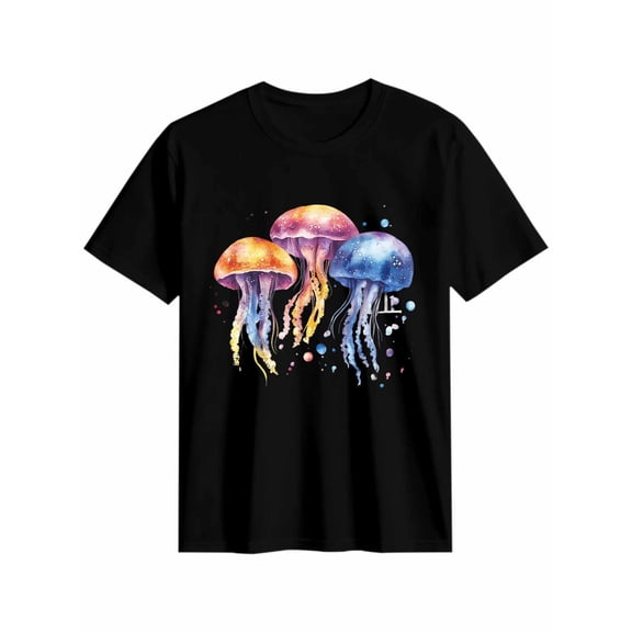 Women's T-Shirt Colorful Jellyfish Marine Life Short Sleeve Casual Tee Classic Crew Neck T Shirt for Women Black, L