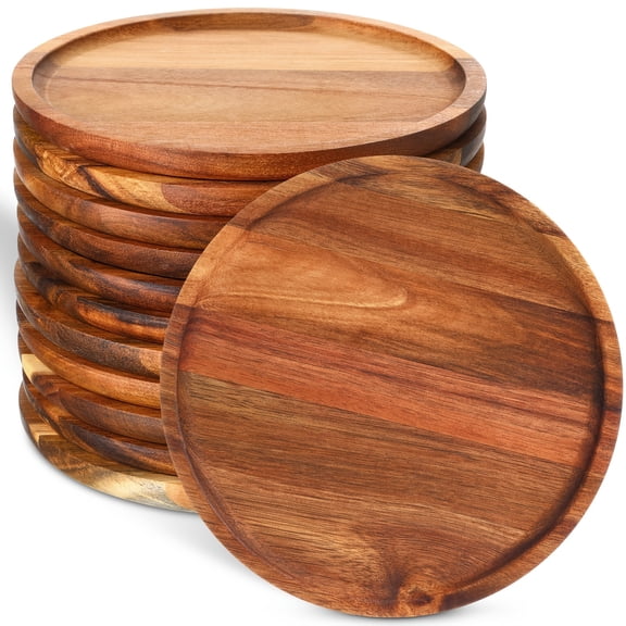 8 Inch Round Acacia Wood Serving Plates & Charger Trays, Natural Grain Food Safe Lightweight Easy Clean Wooden Platters for Salad Fruit Dessert Snacks, Home Party Casual Formal Dining Use