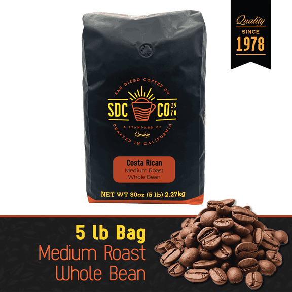 San Diego Coffee Costa Rican, Medium Roast, Whole Bean Coffee, 5-Pound Bag