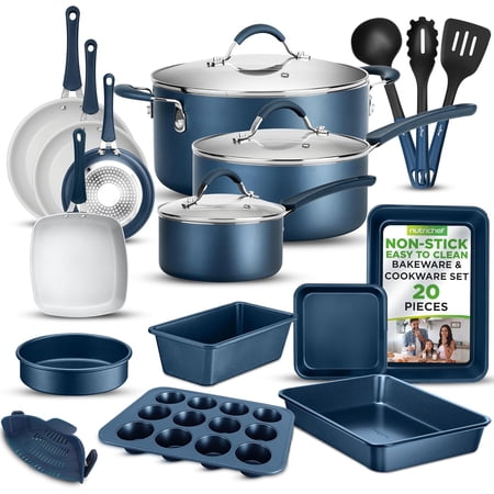 20 Pc Kitchen Set in Navy Blue - Durable Non-Stick Pots and Pans with Bakeware, Compatible with Any Cooktop, Easy Clean