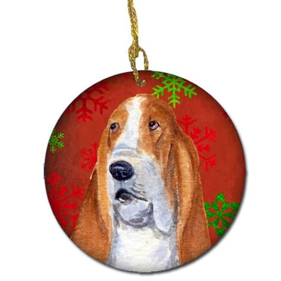 Basset Hound Red Snowflakes Holiday Christmas Ceramic Ornament