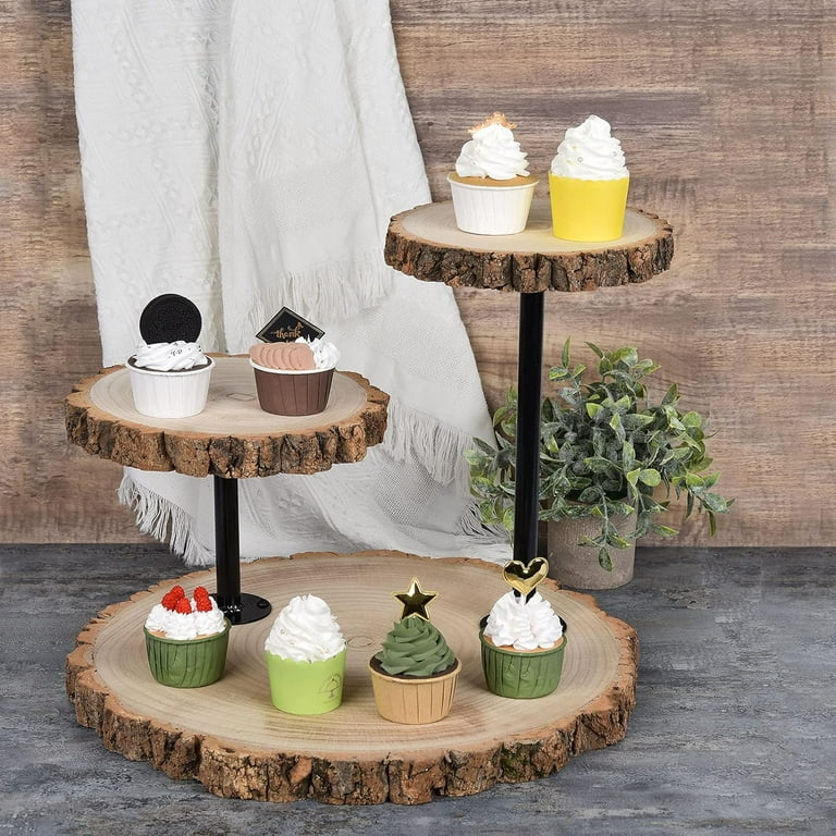 Wood Cake Stand 14-Inch Round Tiers Brown with Black Natural