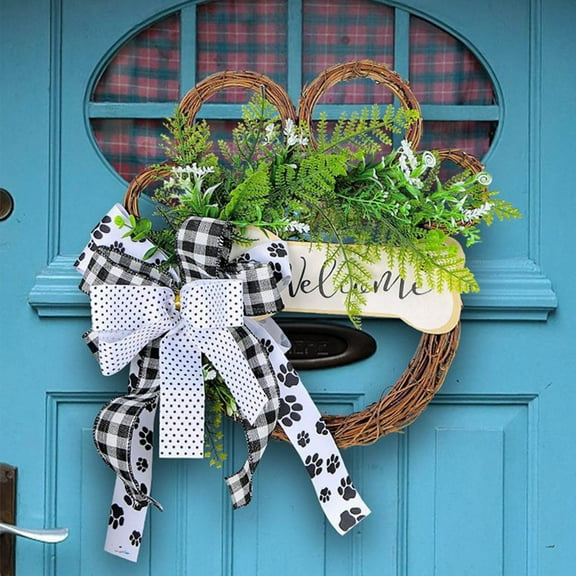 YOHAVEN Dry Branch Dog Paw Wreath, All Season Front Door Hanging Decoration, Beige Deco Mesh Bow Pet Lover Porch Entry Way Holiday Home Decor