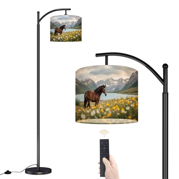 Arc Floor Lamp with Adjustable Lampshade Majestic Horse Standing Flower Meadow Mountain Backdrop Standing Lamp 3 Color Temperatures Dimmable Tall Pole Lamp with Foot Switch for Bedroom