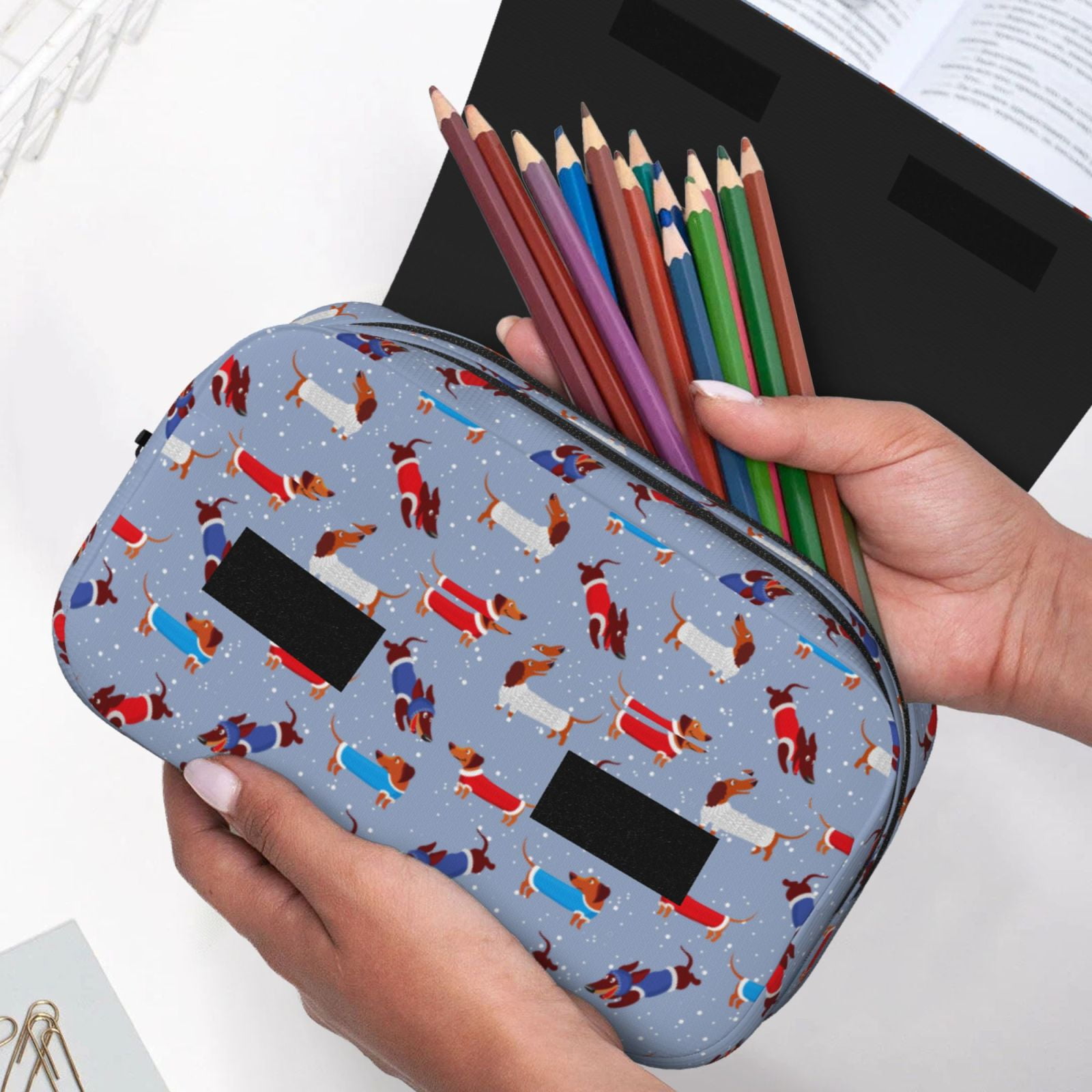 Rateoe winter Dachshund Pattern Double Clamshell Pen Case, Storage Organizer with Two Zipper Compartments– Holds Up to 50 Pencils & Pens