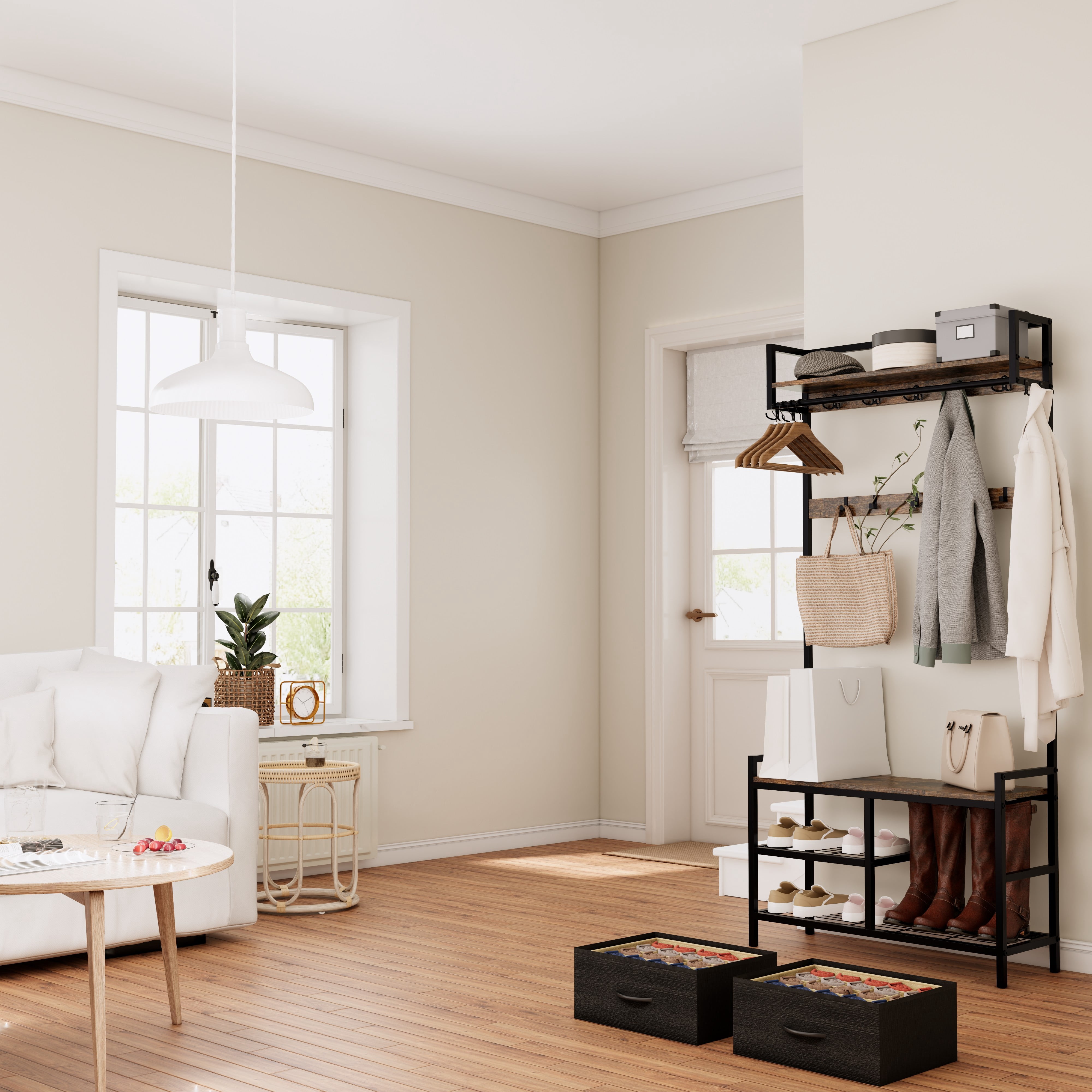 Euroco 5-in-1 Hall Tree with Coat Hooks, Shoe Storage Bench, Fabric Drawers & Hanging Rod, Rustic Entryway Organizer with Top Shelf and Metal Frame