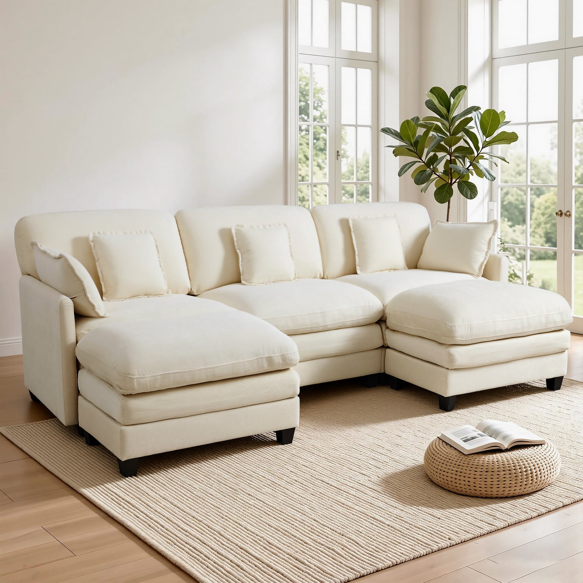 MCombo 111.8''  U-Shaped Modular Sectional Sofa Couch with Chaise Ottomans for Living Room, FSC Certified, Beige