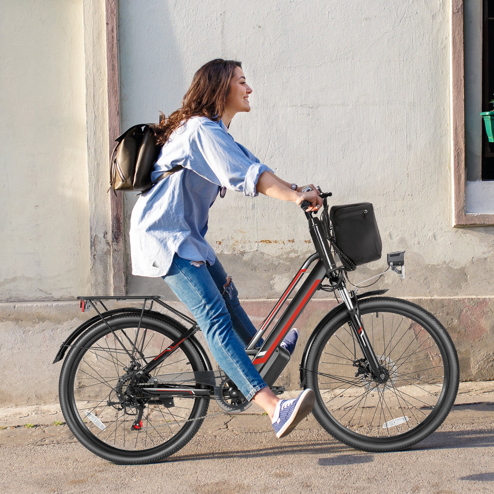Elifine 500W Electric Bike for Adults, 26" Commuter Electric Bicycle 19.8mph City Ebike with 5 Riding Modes, 48V 7.8Ah Removable Battery UL 2849, LCD Intelligent Display Hybrid Electric Bike Red